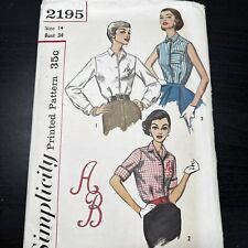 Vintage 1950s Simplicity 2195 Classic Shirtwaist Blouse Sewing Pattern 14 XS CUT picture