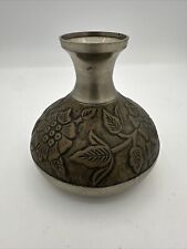 Vintage silver vase embossed, Antiqued brass floral design 5”H picture