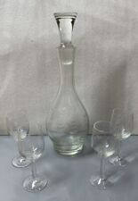 Vintage Decanter Set Etched Ships Cordial Glasses Stopper Clear Glass picture