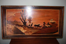 Vintage ANTIQUE Wood Inlay Morrocan SHEEP HEARDER Landscape art framed picture