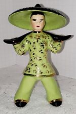 Vintage Ceramic Asian Figurine. Beautiful Green And Gold With Black Hat.  picture
