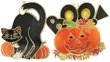 2 VTG Halloween Decor Pumpkin and Black Cat Plastic Suncatcher Jack O' Lantern picture