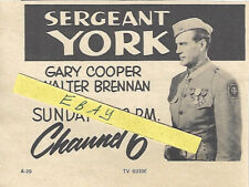 1960 SERGEANT YORK TV GUIDE AD CLIPPING GARY COOPER CHANNEL 6 picture