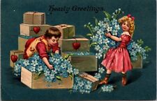 Valentine's Day Postcard Boy and Girl Filling Boxes with Forget Me Not Flowers picture