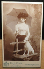 Rare Antique CDV Photograph of Victorian Lady with umbrella & Little Dog c.1890s picture