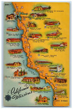 c1950's Map California Missions Pacific Ocean CA Gardner-Thompson Co. Postcard picture
