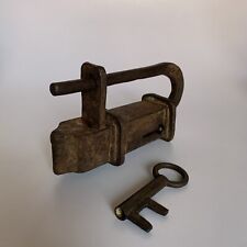 18th C Iron padlock or lock w/ key RARE & EARLY old or antique, barbed spring picture