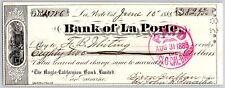 Bank of La Porte Check F.B. Whiting 1885 Mining Vignette #13786 picture