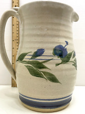 Vintage Glazed Pitcher Handmade Cream Blue & Green Floral Stoneware Pottery 8.5