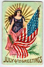 4th Of July Postcard Lady Flag Sunburst Independance Day Vintage Antique 1908 picture