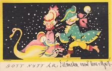 Artist Signed Vintage Postcard Nerman New Years Boy Pushing Girl on Sled B101 picture
