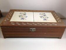 Vintage Wooden Keepsake Jewelry Box Floral Tile Lid 11” x 6-1/2” picture