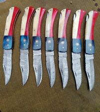 LOT OF 7 HANDMADE DAMASCUS STEEL TEXAS FLAG FOLDING POCKET KNIFE WITH SHEATH picture