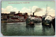 Cleveland, Ohio OH - Scene at Cuyahoga River - Steam Ship - Vintage Postcard picture