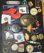 Estate Vintage Junk Drawer Lot Brass Belt Buckle Casino Dice 1950’s Pins Compass picture