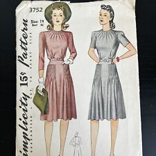 Vintage 1940s Simplicity 3752 Outside Tuck Dress Pockets Sewing Pattern 14 USED picture