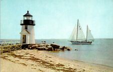 View of Brant Point Nantucket Mass. Postcard Lighthouse Sailboat People on Rocks picture