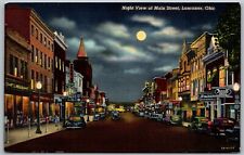 Lancaster Ohio 1940s Postcard Night View Main Street Cars Hotel Drug Store picture