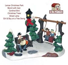 Lemax Christmas Village Park Bench, Christmas Trees, Lampost & Swing w/ Figures picture