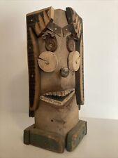 Unique Vintage 13” Folk Art Handmade Wood & Repurposed Metal Creepy Totem Head picture