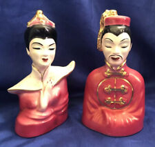 VINTAGE 1950'S CHINESE WOMAN & MAN CERAMIC BUST FIGURINES RED 22 K GOLD USA picture