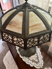 Antique Early 1900s Arts & Crafts Bronze & Slag Glass Table Lamp 25