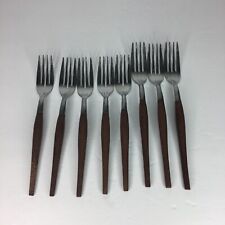 Vintage Fork Lot of 8 Stainless Flatware Japan Wooden Handle MCM picture