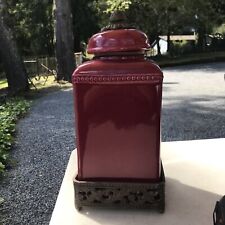 Garacious Goods Canister Used Large Cranberry Color Metal Base Scroll picture