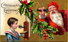 Vintage 1910's Christmas Boy Talks to Santa Antique Candlestick Phone Postcard picture