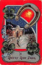 Horseshoe, Four-Leaf Clovers, & Star Around Snowy Scene on 1910 New Year PC-630 picture
