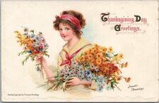 Vintage 1910s THANKSGIVING Postcard Girl with Flowers / Artist-Signed BRUNDAGE picture