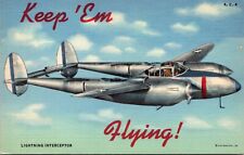 Linen Postcard Large Letter Keep 'Em Flying Lightning Interceptor Military Plane picture