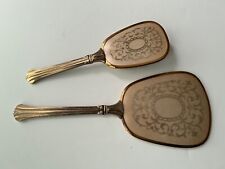 Vtg Antique Vanity Dresser Set Hand Held Mirror Hair Brush Silver Gold pattern picture