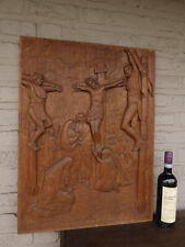 Antique XL wood carved plaque crucifixion chist religious picture