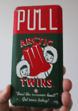 1950s PULL ARCTIC TWINS POPSICLE DOOR STAMPED PAINTED METAL DOOR SIGN TREAT picture