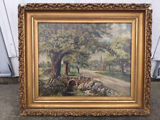 Antique Oil Painting on Canvas Boy Child Fishing Creek Stream Landscape America picture