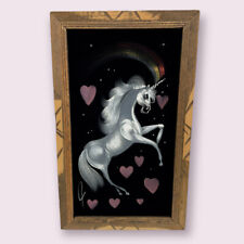 Vintage Mexican Folk Art Unicorn Black Felt Painting W/Rustic Wood Frame picture