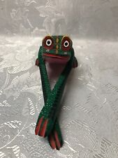 Vintage Oaxacan Hand Carved Green Frog Sculpture 10” Mexico Signed by Artist picture