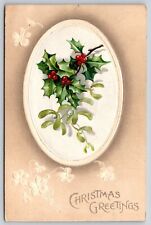 Holiday~Christmas Greetings~Holly Berries In Oval Inset~White Bkgd~PM 1912 PC picture