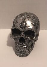 silver colored ornate skull halloween deco Very Heavy 6.5” Tall 4.5”wide 5” Deep picture