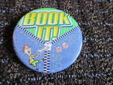 Book It Button Pin Vtg Pizza Hut Rare Denim Zip Look on Metal Silver Stickers  picture