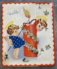 Vintage Patriotic Red White & Blue Stars Angels Candle Christmas Greeting Card picture