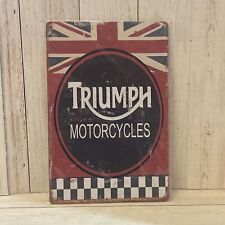 triumph motorcycle Tin Sign Metal Sign With Logo Britain Flag Checked Garage picture
