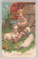 Postcard Easter Young Girl Placing Crown Of Flowers On Lamb Chicks Embossed 1910 picture