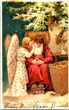 Santa and Angel Christmas Tree 1906 Postcard Printed Germany Gold Jeanette Pa. picture