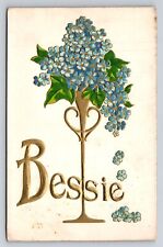 Bessie Name Postcard Forget Me Not Flowers Gold Embossed Old 1910s Large Letter picture