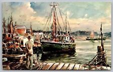 Seascape Watercolor James Murray Painting Pier Dock Boats Vintage UNP Postcard picture