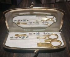 Vintage Manicure Set Leather Clutch Kiss Lock Case Made In England picture