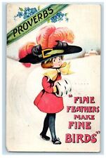 1911 Girl Big Hat Feathers Warmer Proverbs Omaha Nebraska NE Antique Postcard picture