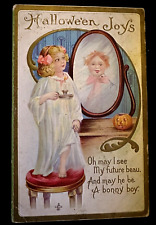 Halloween Joys~Girl Holds Candle To Mirror~Sees Boy~Antique 1911 Postcard~h603 picture